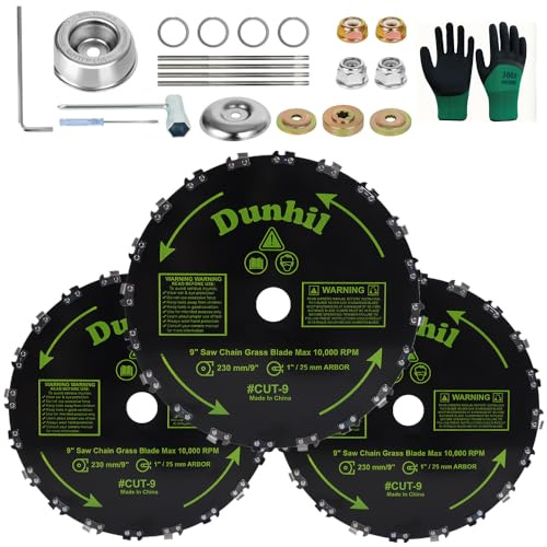 Dunhil 3 Pack 9 x 20T Chainsaw Tooth Brush Blades - Meatl Weed Eater Saw Blade Kit with 4 Carbon Steel Round Chainsaw Blades, 4 Round Files, and 4 Washers for Brush Cutters, String Trimmers