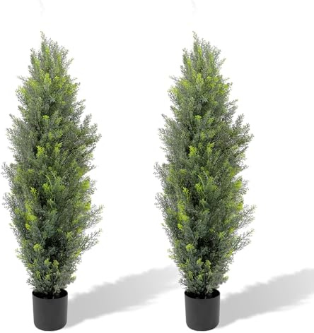 PlusFive 2pcs Artificial Cypress Tree 120cm Fake Cedar Tree in Pot UV Resistant Outdoor Artificial Plants, Faux Topiary trees for Indoor Outdoor Home Garden Balcony Patio Entryway Front Porch Decor