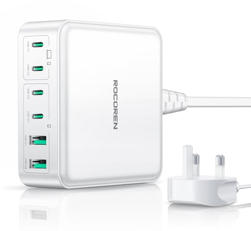Rocoren 270W GaN USB C Fast Charger Block, 6-Port PD 100W QC4.0 PPS 2-Laptop Charging Station with 1.5m UK Cord, Compatible with MacBook Pro/Air, iPhone 15/16 Pro, Galaxy, Steam Deck, ASUS - White