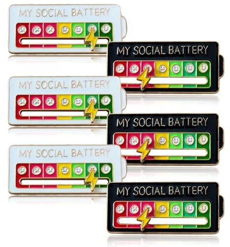 Fgdui 6PCS Social Battery Pin,My Social Battery Pin Slider,Soziale Batterie für Anstecknade,Lustige Brosche für 7 Tage Woche(Weiß und Schwarz)