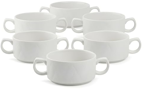 Festa Italia 6 x Suppenschalen aus Keramik - 300 ml - Weiß Suppenschüssel mit Griffen Set von 6 - Suppenschüsseln für Suppe, Müsli, Ramen - Suppenteller - Suppentassen - Müslischalen