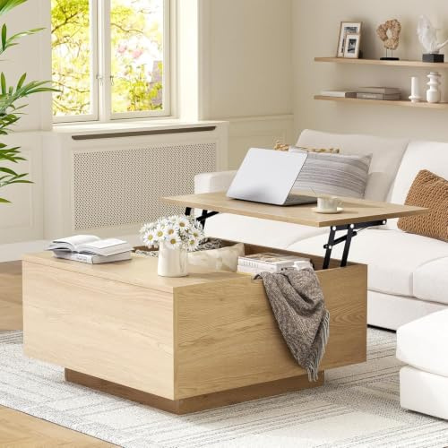 Mossora Natural Lift Top Coffee Table with Hidden Storage, 80 * 80 * 40cm | Farmhouse Wood Square Coffee Tables with Storage Compartment, Center Table with Lifting Tabletop for Living Room