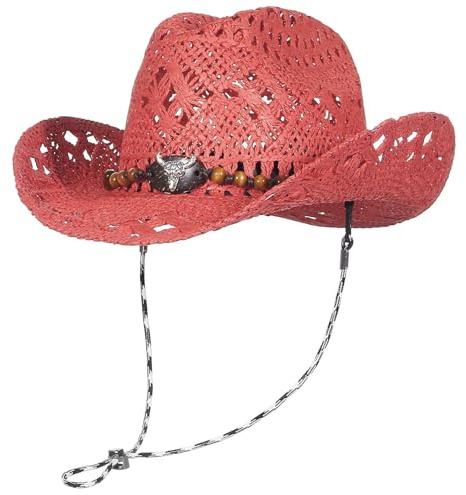 GEMVIE Chapeau de Cowboy Occidental tissé à la Main à Large Bord en Paille Panama pour Homme et Femme Chapeau de Plage bohème, Haut Rouge H, 56-58