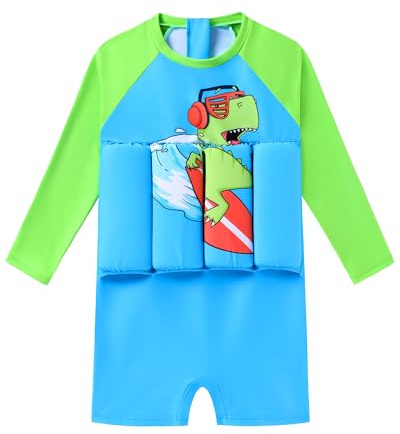 Toddler Boys One-Piece Bathing Suit Long Sleeve Swimsuit Rash Guard Beachwear Dinosaur Swimsuit with Built in Floaties Toddler Swim Float 5t