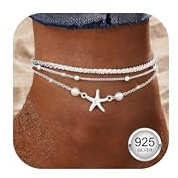 Adramata Bracelet Cheville Femme Argent 925 Réglable Bracelets de Cheville pour Femme Cœur Étoile de Mer Chaine Argent Or Bijoux De Plage D'Été