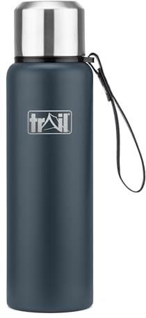 Trail Vacuum Flask with Strap, Camping & Travel, 800ml, Dark Grey | Double-Walled Insulation, Stainless Steel, Hot 12hrs & Cold 24hrs, Twist-&-Pour Stopper, Lid Doubles as Cup, Detachable Strap