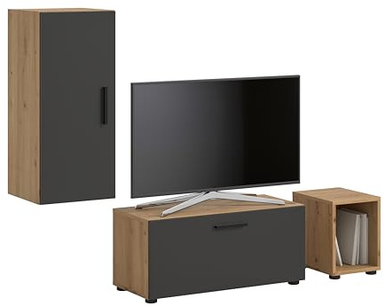 xonox.home – Wohnwand The One 75x34x34 cm in Artisan Oak und Basalt – Kompaktes Hängeregal mit 1 Tür, 1 Klappe und 5 Fächern – Stilvoller Kontrast mit offenem Fach für individuelle Dekorationen