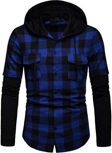 Iris Sprite Sweat à Capuche Homme Chemise Carreaux avec Poche Poitrine Épissage Manches Longues (Bleu, L)