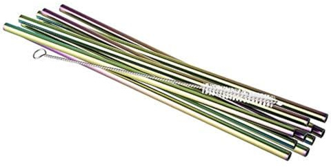 APS 93382 Trinkhalme aus Edelstahl, 10er-Set, inkl. Reinigungsbürste, Ø 6 mm, Länge 21,5 cm, Regenbogen-Look