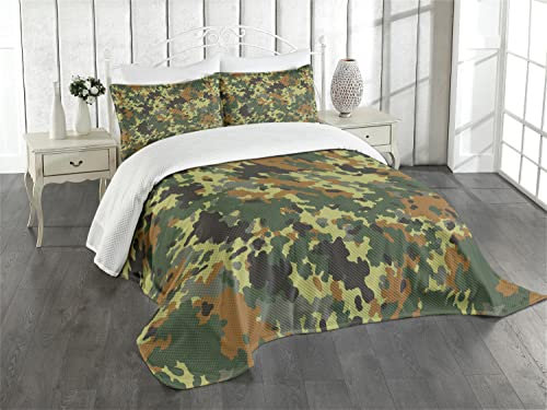 ABAKUHAUS Camo Tagesdecke Set, Klassisches Deutschland Pattern, Set mit Kissenbezügen Waschbar, für Einzelbetten 170 x 220 cm, Dunkelgrün Grün