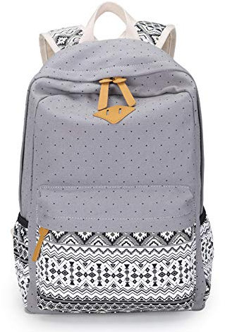 Lisirs Canvas Rucksack Damen Stabil Wasserdicht Schulranzen Mädchen Vintage Tolle Farbkombi Muster Schöner Praktischer Schulrucksack mit Laptopfach für Junge Teenager Freizeit und Schule Punkt Grau