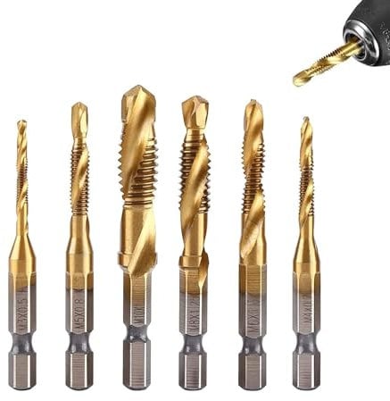 Drill Tap Bits, 6Pcs M3 M4 M5 M6 M8 M10 Metric Thread Titanium Coated HSS Drilling Bit Set, 1/4in Hex Shank Screw Tap Tool Set