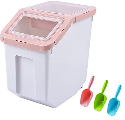 Uotyle Plastic Food Storage Container Box with Lid & Wheels & Measuring Cup & Scoop – Large Airtight Pet & Kitchen Organizer Bin for Dog & Cat Food, Flour, Cereal, Nuts, Beans, 8L-10L (Pink Large)