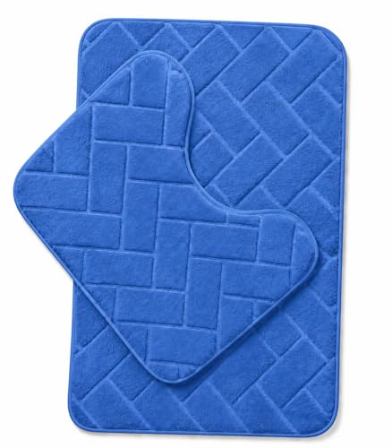 HOMES-LINEN Block Bricks Bath Mat Non Slip Pedestal Set Extra Absorbent 100% Memory Foam Bathroom Toilet Mat Rug (Blue)