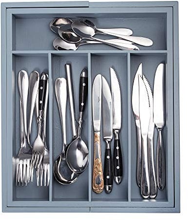 Vencier Cutlery Tray for Drawer - Bamboo Adjustable Cutlery Organiser Tray - Bamboo Cutlery Tray 5 to 7 Compartments (Grey)