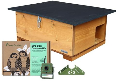 Green Feathers Handmade Wooden Hedgehog House with 1080p HD Wifi Camera, UK Power Supply, Staggered Entrance with Secure Roof (Wifi Camera & Hedgehog House)