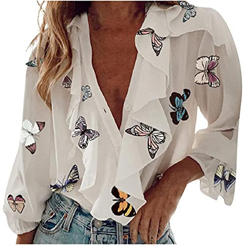 Masrin Trendige Oberteile für Damen Elegantes Chiffon-Hemd mit Modebuchstaben und Blumendruck Frühherbstliche Rüschenbluse Lockere Tunika mit V-Ausschnitt und Langen Ärmeln(L,Mehrfarbig)