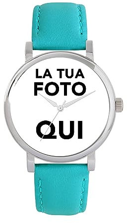 Toff London Personalisierte Fotogeschenke für Frauen, analoge Anzeige, japanische Uhr mit Quarzwerk und türkisfarbenem Lederarmband, individuell gravierte Uhr