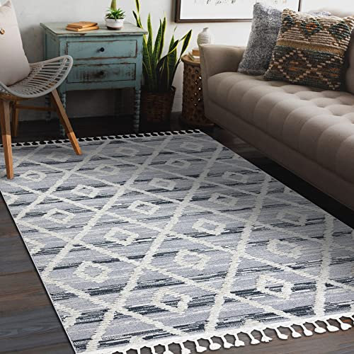 Teppich Sevilla Gitter, Diamanten grau/weiß Franse Berber marokkanisch Shaggy 80x150 cm