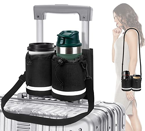 TaihuaXin Luggage Cup Holder Travel Bag, Fits Suitcase Handles, Holds Coffee Cups Milk Bottle, Travel Accessories for Airplane, Black, Polyester