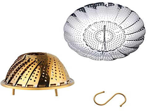 TUPMFG Faltbar Dampfgarer Einsatz, Edelstahl Dünsteinsatz für Töpfe, Klein Dämpfeinsatz Dampfkorb Einlage, Verstellbar von 16 bis 28 cm, Gold