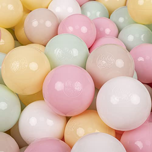 KiddyMoon 700 Bälle/7Cm Kinder Bälle Spielbälle Für Bällebad Baby Einfarbige Plastikbälle Made In EU, Pastellbeige/Pastellgelb/Weiß/Minze/Rosa