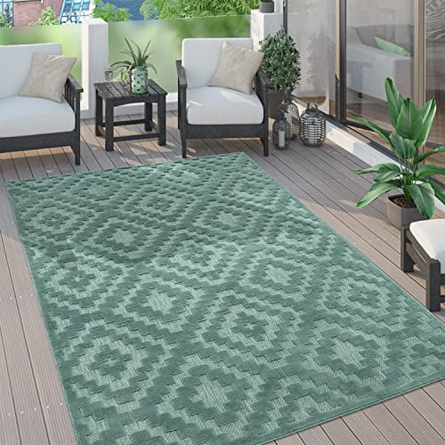 Paco Home Outdoor Teppich wetterfest & langlebig Moderne Boho-Designs mit 3D-Effekt Skandi-Look UV-beständig & robust für Balkon, Garten, Wohnzimmer & Küche, Grösse:120x160 cm, Farbe:Türkis 2
