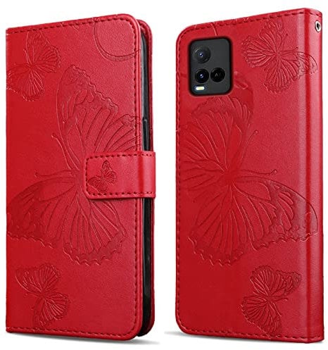 DENDICO Coque pour Vivo Y21S / Vivo Y21 / Vivo Y33S, Papillon Imprimé Housse en Cuir PU Magnétique Portefeuille, Étui à Rabat pour Vivo Y21S / Vivo Y21 / Vivo Y33S, Rouge