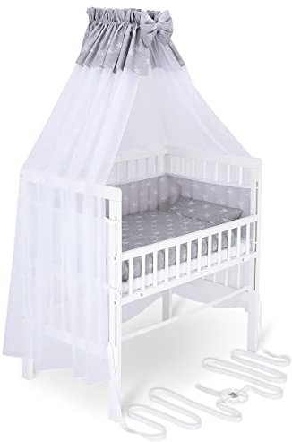 FabiMax Baby Beistellbett für Boxspringbett, TÜV geprüft 2022, inkl. Matratze und Komplett Set, Buche massiv weiß, Classic/weiße Sterne auf grau