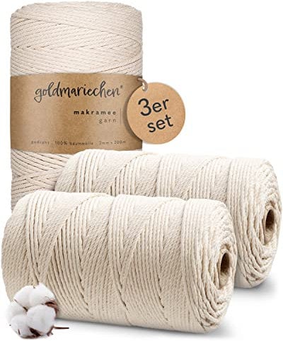 goldmariechen Premium Makramee Garn 3er Set (Naturell) 600 Meter | 3mm | 100% Baumwolle | plastikfreie Verpackung | Makramee Baumwollgarn für DIY Handwerk