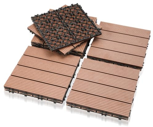 Joparri 30x30x2 cm WPC plástico 44er Set de losas de terraza para 4m², losas de balcón de madera con sistema de clic y drenaje, marrón