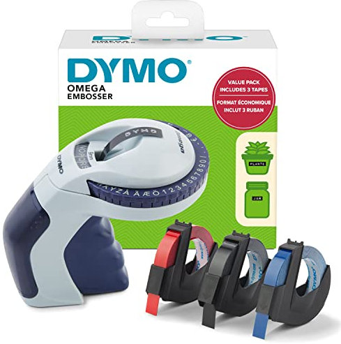 DYMO Etichettatrice per goffratura con 3 nastri per etichette, kit base per etichettatrice Omega, piccolo, design ergonomico con rotella di scatto, per casa, fai da te e artigianato (€, Å, Ä, Æ & Ö)