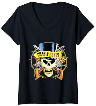 Femme Guns N' Roses Chapeau haut-de-forme officiel Tête de mort T-Shirt avec Col en V