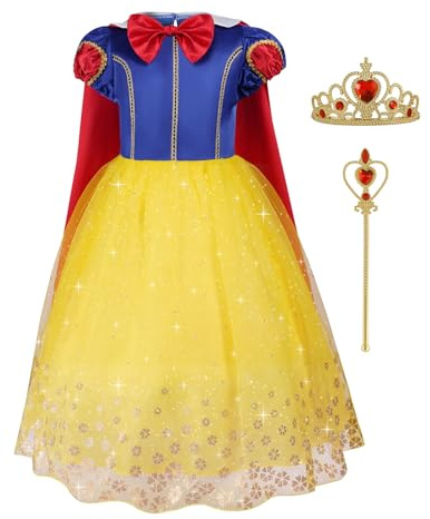 Aomig Deguisement Robe Princesse Enfant Fille, Deguisement Robe Princesse Blanche Neige avec Accessoires de Baguette pour Enfant, Costume d' Halloween Anniversaire Fete Carnaval