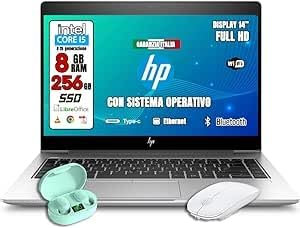 HP Ordinateur portable Silver • Processeur Intel Core i5 8th • Moniteur 14 Full HD • Ram 8 Go • SSD 256 Go • Système d'exploitation WIN 11 PRO et Libre Office • USB Type C • Souris sans fil + casque