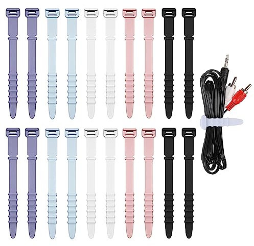 40PCS Silicone Cable Ties, Reusable Wire Ties, 4.4in Elastic Cord Organizer Strap Rubber Zip Ties for Wired Earphones Cords Phone Charging Cable Pens Key Chains(Black, White, Blue, Pink, Purple)