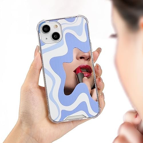 QLTYPRI Case for iPhone 13/iPhone 14, Cute Wave Pattern Mirror Case for Girls Women, Soft TPU Edge & Hard PC Back with Shockproof Air-Guard Corners Protective Phone Cover for iPhone 13/14–Purple