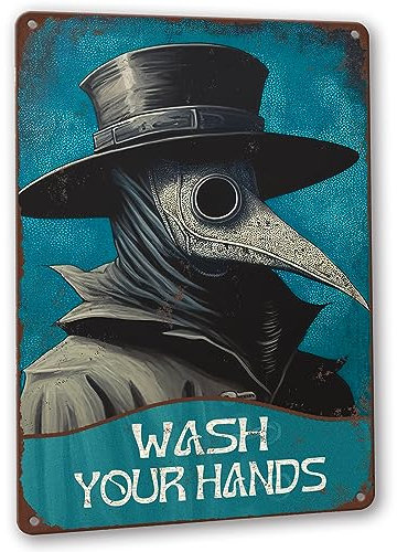 Catta Vintage Gothic Plague Doctor Wash Your Hands Schild Wanddekoration, Gothic-Badezimmer-Dekor, 20,3 x 30,5 cm, Metall-Blechposter