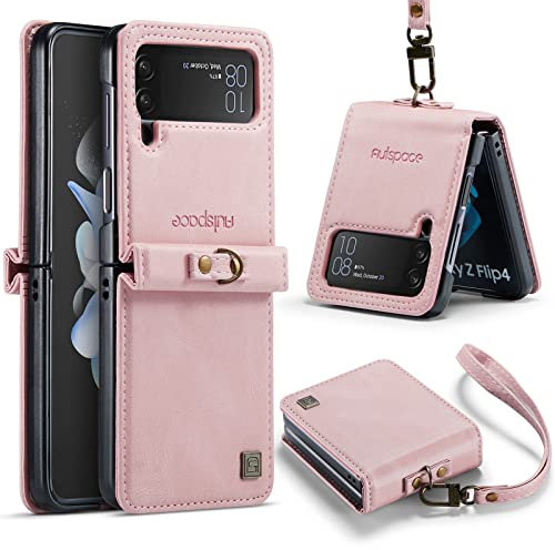 EYZUTAK Coque pour Samsung Galaxy Z Flip 4 5G,Premium Etui à Rabat en Cuir PU avec Fentes pour Le Bracelet Support Antichoc Silicone Housse en Cuir Rétro - Rose