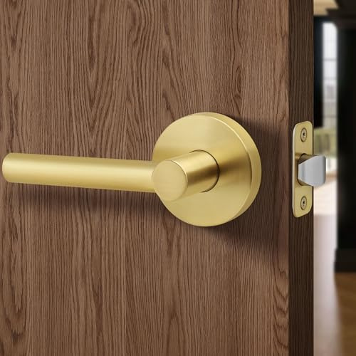 LOQRON No Lock Passage Door Handle, Round Design Non-Locking Heavy Duty Door Lever with Satin Brass Finish, Reversible for Left/Right Handed for Hallway and Closet Door