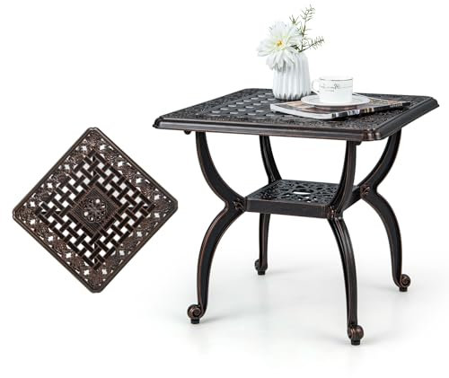 KOMFOTTEU Tavolo da Giardino Quadrato con Piedini Regolabili, Tavolo da Pranzo in Alluminio, Tavolino da Esterno a 2 Livelli, Stile Vintage, per Balcone, Cortile, Piscina, 53 x 53 x 48 cm, Rame Rosso