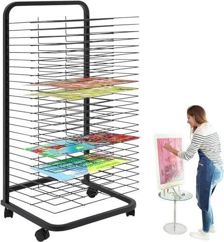 XDRGOOIUY Stendino per Quadri, Stendino Mobile per Pittura, Ripiani Rimovibili, Porta Tele per riporre Quadri, Stendino per Pittura con Ruote, Scaffale per Pittura, Disegni