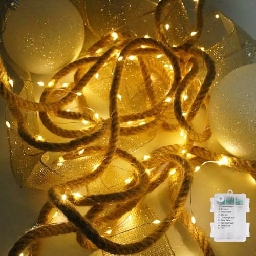 BrightArk Battery Powered 100 LED Indoor Outdoor Home & Garden Natural Hemp Rope String Fairy Light 10mm