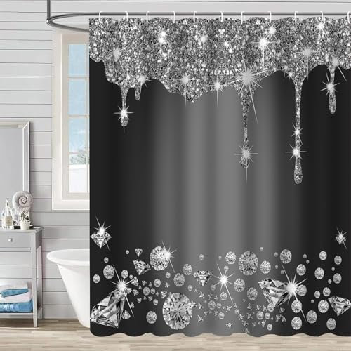 FAIRYGATE Schwarze Vorhänge Shower Curtain Duschvorhang Polyester Textil mit Muster Waschbar und Schimmelresistant Wasserdicht und Schnell Trocknend Badevorhang mit 12 Duschvorhangringe B8312
