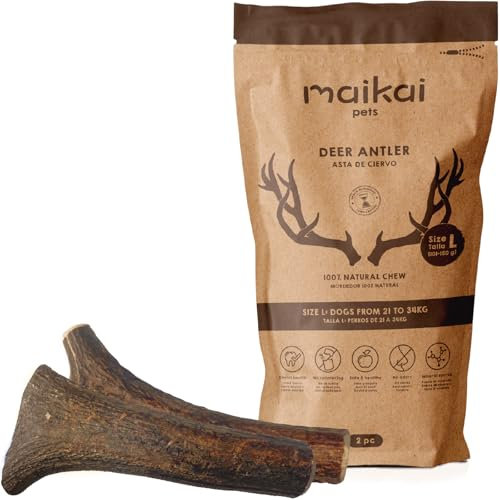 MAIKAI Packung 2 Hirschgeweih für Hunde Größe L – Natürlicher Kauknochen + Widerstandsfähig – Ideal für Mittlere Hunderassen bis 30 kg – Langlebiges Hundespielzeug