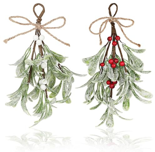 GEEHUA 2 adornos colgantes de muérdago de Navidad, decoración de muérdago artificial, bola de beso de muérdago, decoración colgante de hojas secas, accesorios brillantes para árbol de Navidad