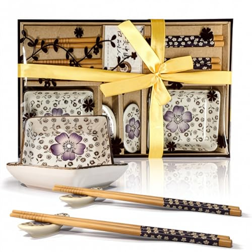 Finsink Sushi - Set di stoviglie per 2 persone, 6 piatti in ceramica per sushi, colore: blu e bianco, in confezione regalo di alta qualità (A2)