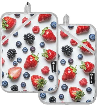 Topflappen mit Tasche für Küche, Blueberry Strawberry Hitzebeständiger Topflappen mit Aufhängeschlaufe Untersetzer zum Kochen und Backen