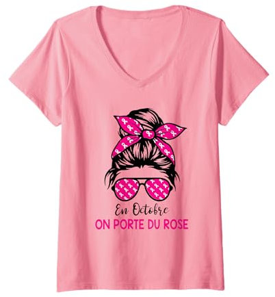 Femme Cancer du Sein Octobre Rose Ruban Femme En Octobre On Porte T-Shirt avec Col en V