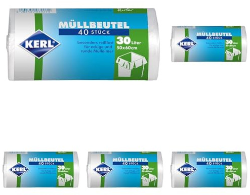 KERL Müllbeutel 30 l, 40 Stück, 50 x 60 cm, Weiß (Packung mit 5)